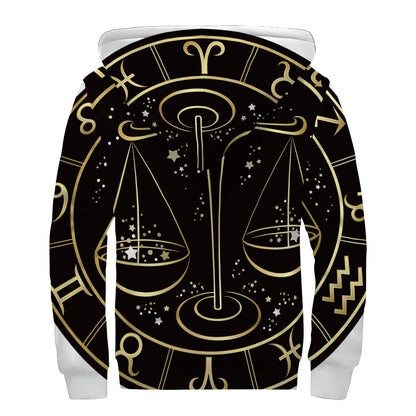 Gold And Black Libra Sign Print Sherpa Lined Zip Up Hoodie