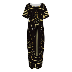 Gold And Black Libra Sign Print Short Sleeve Long Nightdress