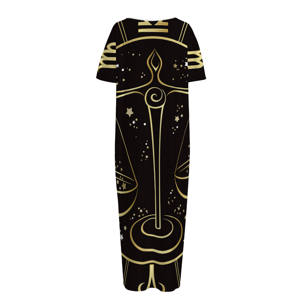 Gold And Black Libra Sign Print Short Sleeve Long Nightdress