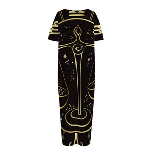 Gold And Black Libra Sign Print Short Sleeve Long Nightdress