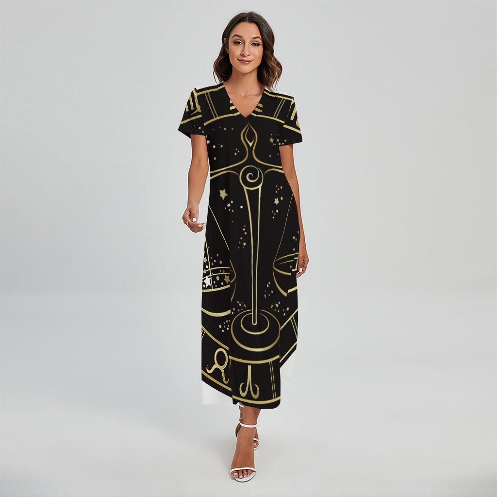 Gold And Black Libra Sign Print Short Sleeve Maxi Dress