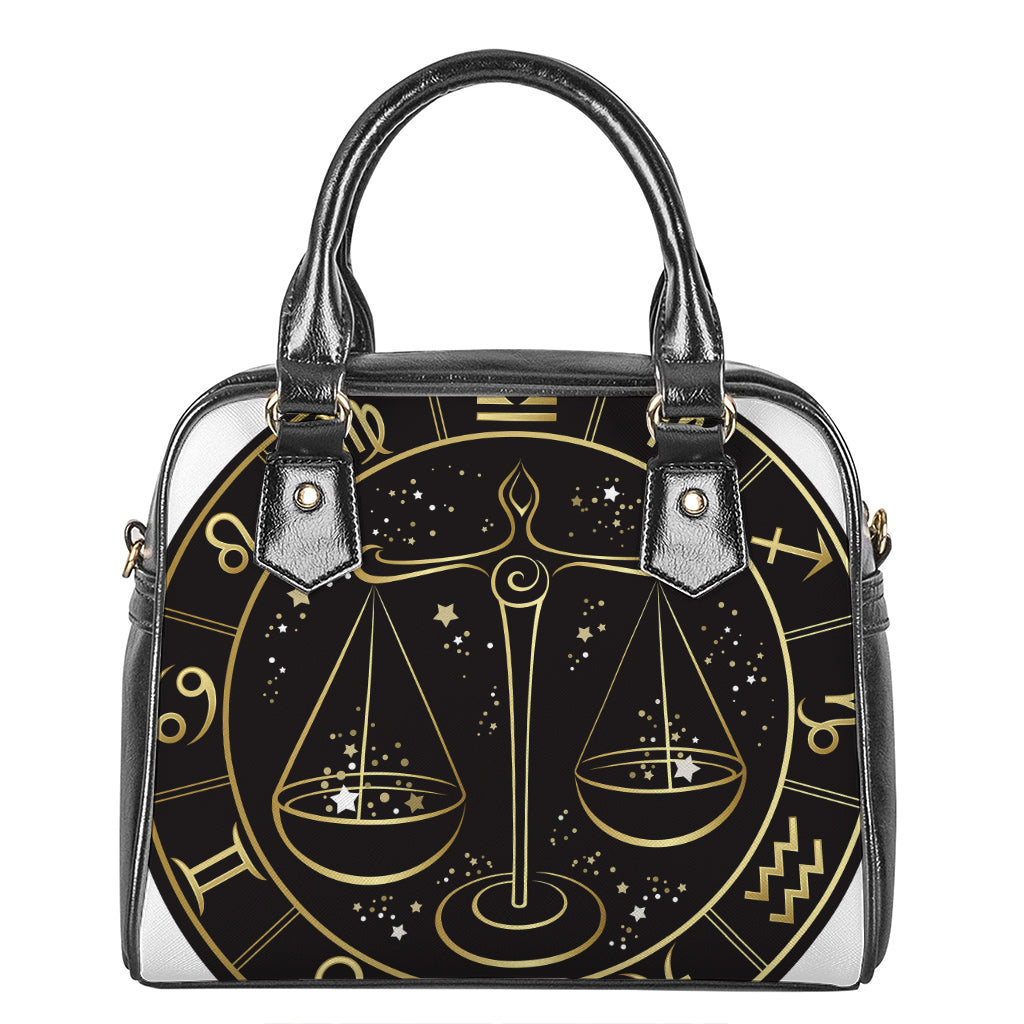 Gold And Black Libra Sign Print Shoulder Handbag