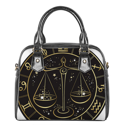 Gold And Black Libra Sign Print Shoulder Handbag
