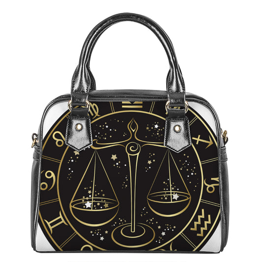 Gold And Black Libra Sign Print Shoulder Handbag