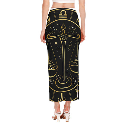 Gold And Black Libra Sign Print Side Slit Maxi Skirt