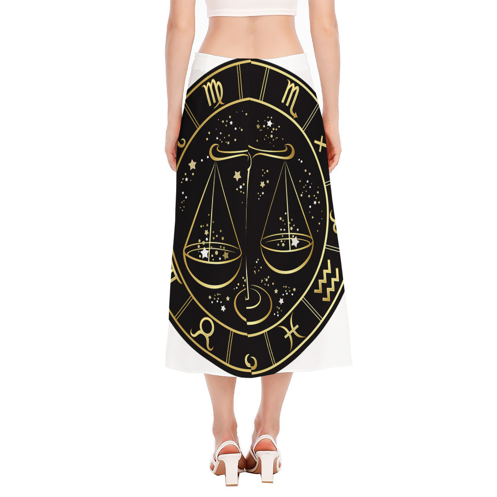 Gold And Black Libra Sign Print Side Slit Midi Skirt