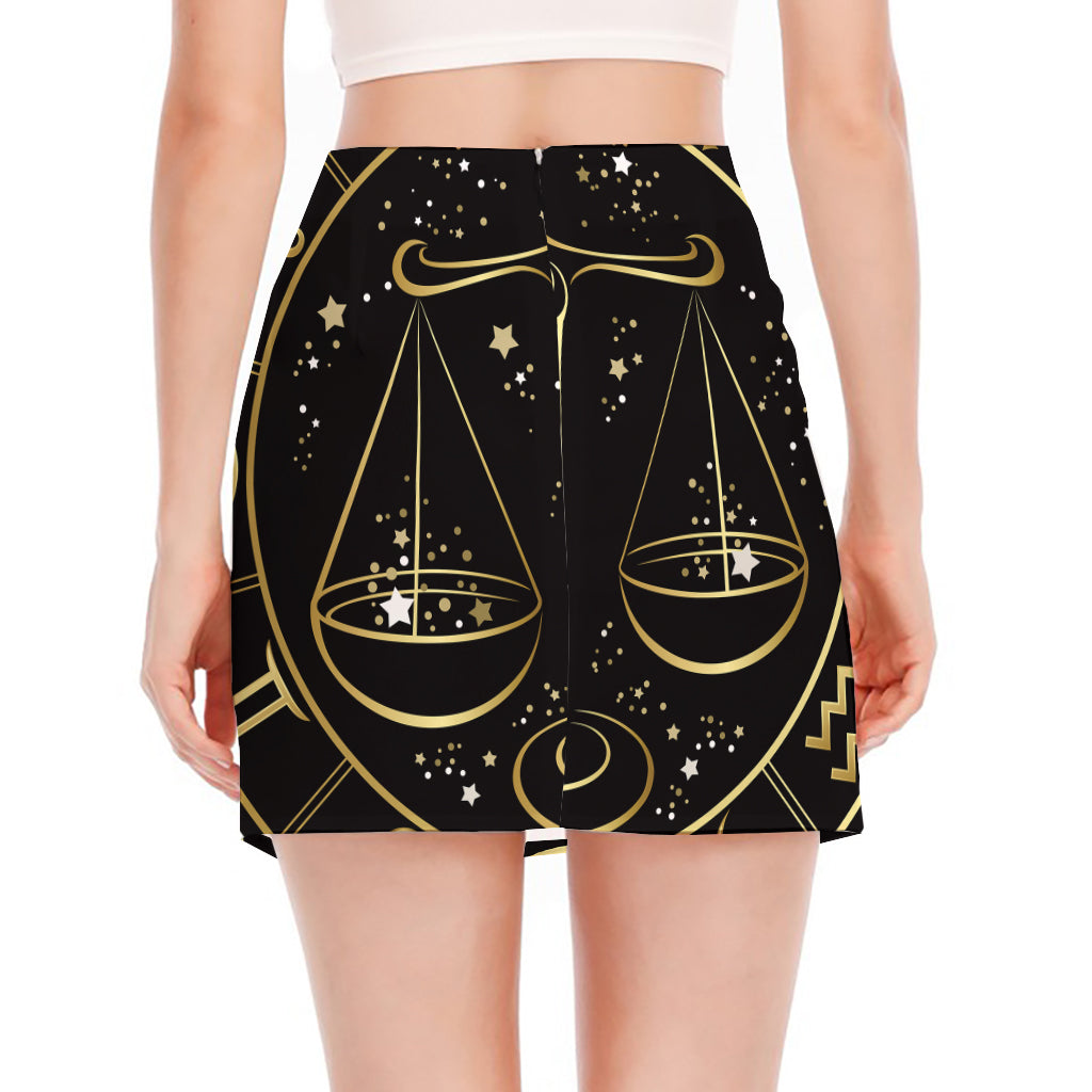 Gold And Black Libra Sign Print Side Slit Mini Skirt