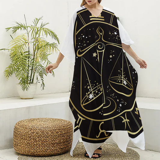 Gold And Black Libra Sign Print Silk V-Neck Kaftan Dress