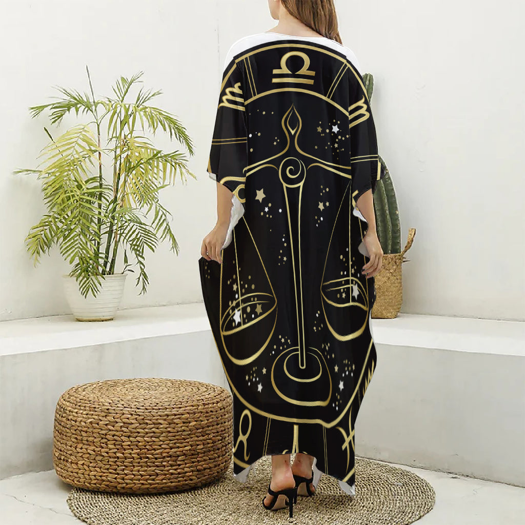 Gold And Black Libra Sign Print Silk V-Neck Kaftan Dress