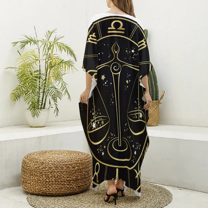 Gold And Black Libra Sign Print Silk V-Neck Kaftan Dress