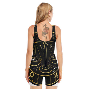 Gold And Black Libra Sign Print Sleeveless One Piece Swimsuit