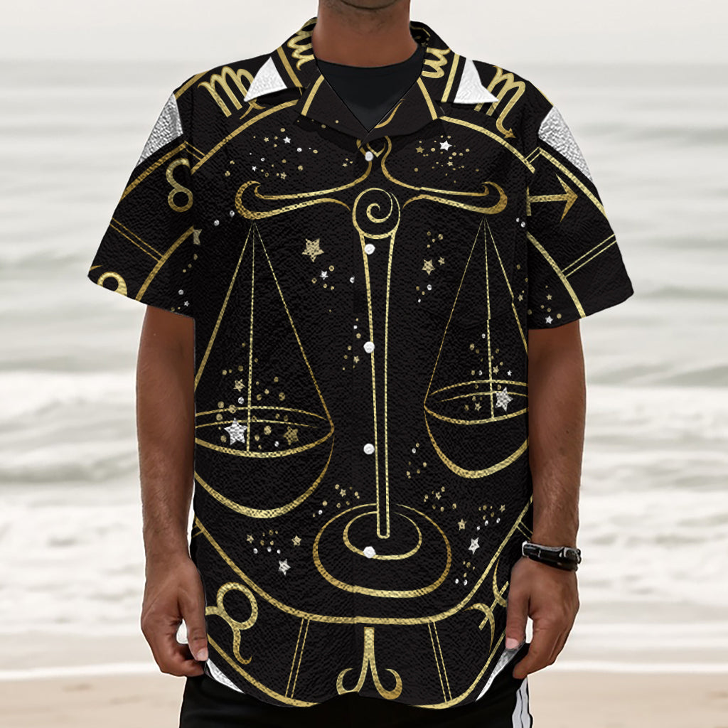 Gold And Black Libra Sign Print Textured Short Sleeve Shirt