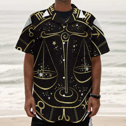 Gold And Black Libra Sign Print Textured Short Sleeve Shirt