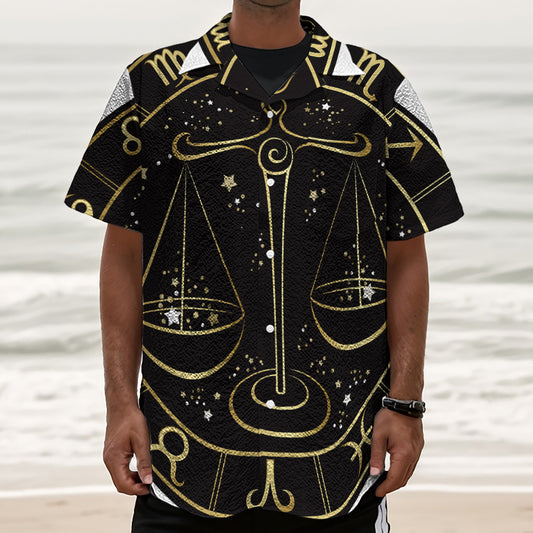 Gold And Black Libra Sign Print Textured Short Sleeve Shirt