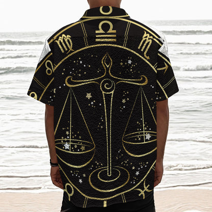 Gold And Black Libra Sign Print Textured Short Sleeve Shirt