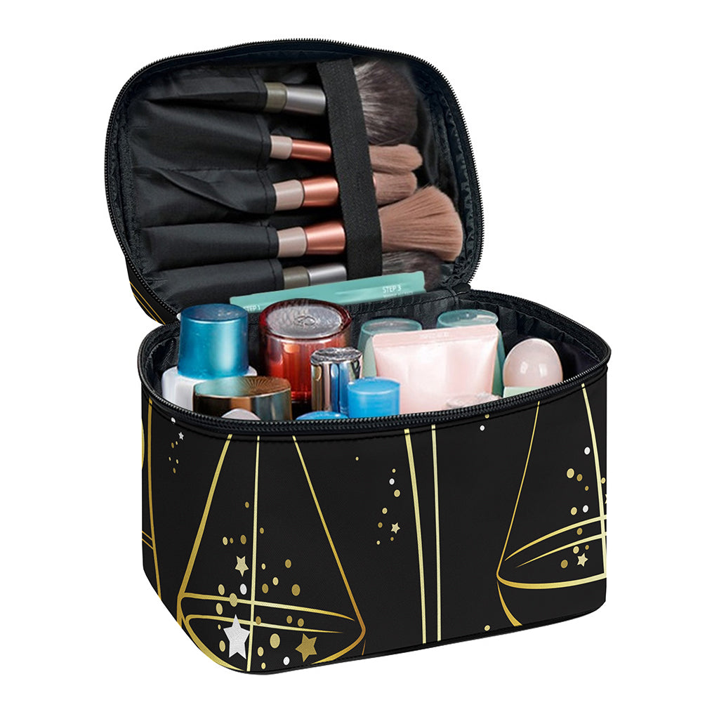 Gold And Black Libra Sign Print Travel Makeup Bag