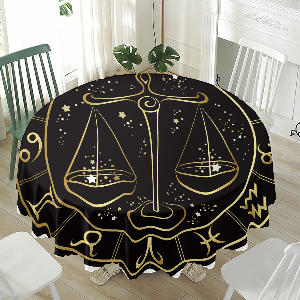 Gold And Black Libra Sign Print Waterproof Round Tablecloth