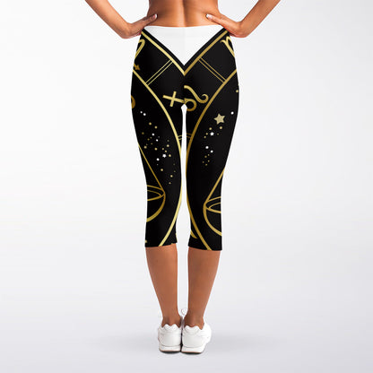 Gold And Black Libra Sign Print Women's Capri Leggings