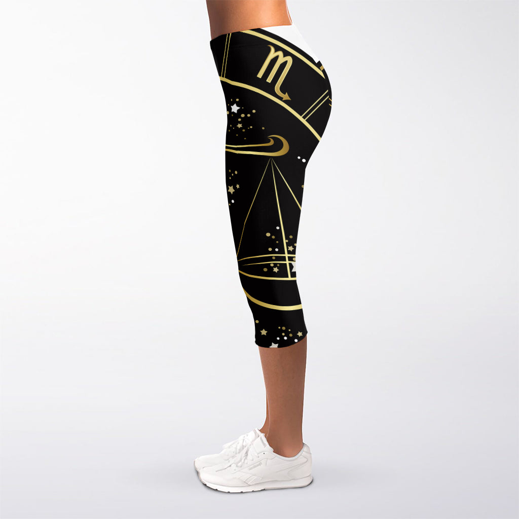 Gold And Black Libra Sign Print Women's Capri Leggings
