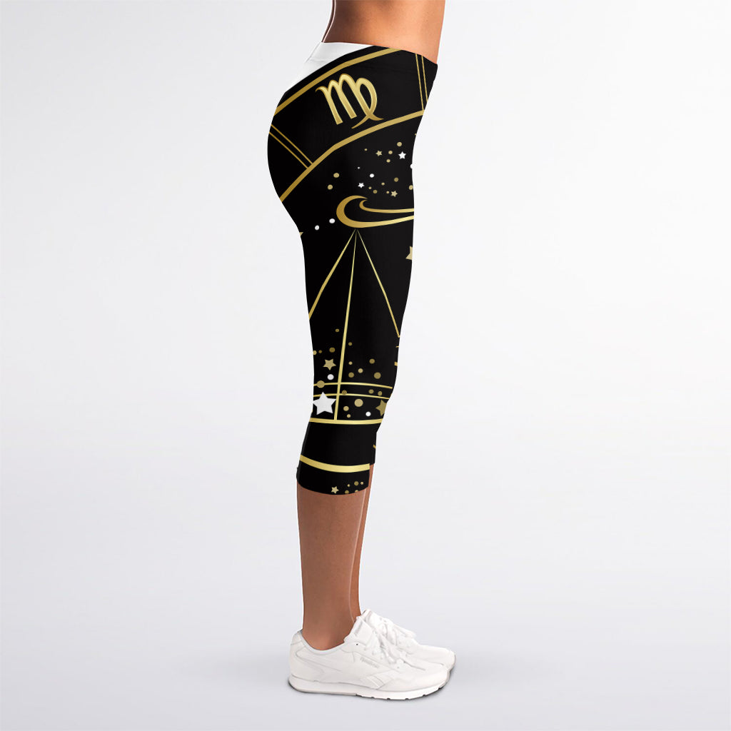 Gold And Black Libra Sign Print Women's Capri Leggings