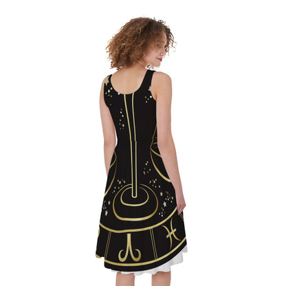 Gold And Black Libra Sign Print Women's Sleeveless Dress