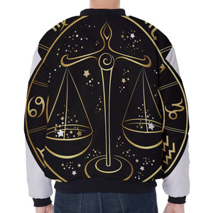 Gold And Black Libra Sign Print Zip Sleeve Bomber Jacket