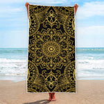 Gold And Black Mandala Print Beach Towel
