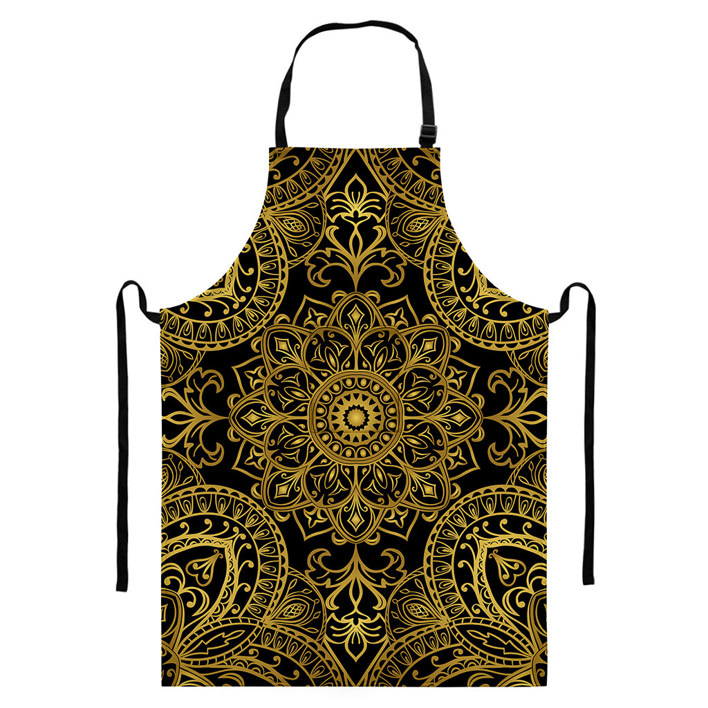 Gold And Black Mandala Print Bib Apron With Pocket