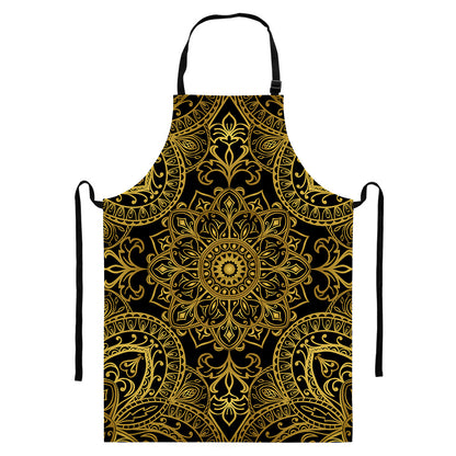 Gold And Black Mandala Print Bib Apron With Pocket