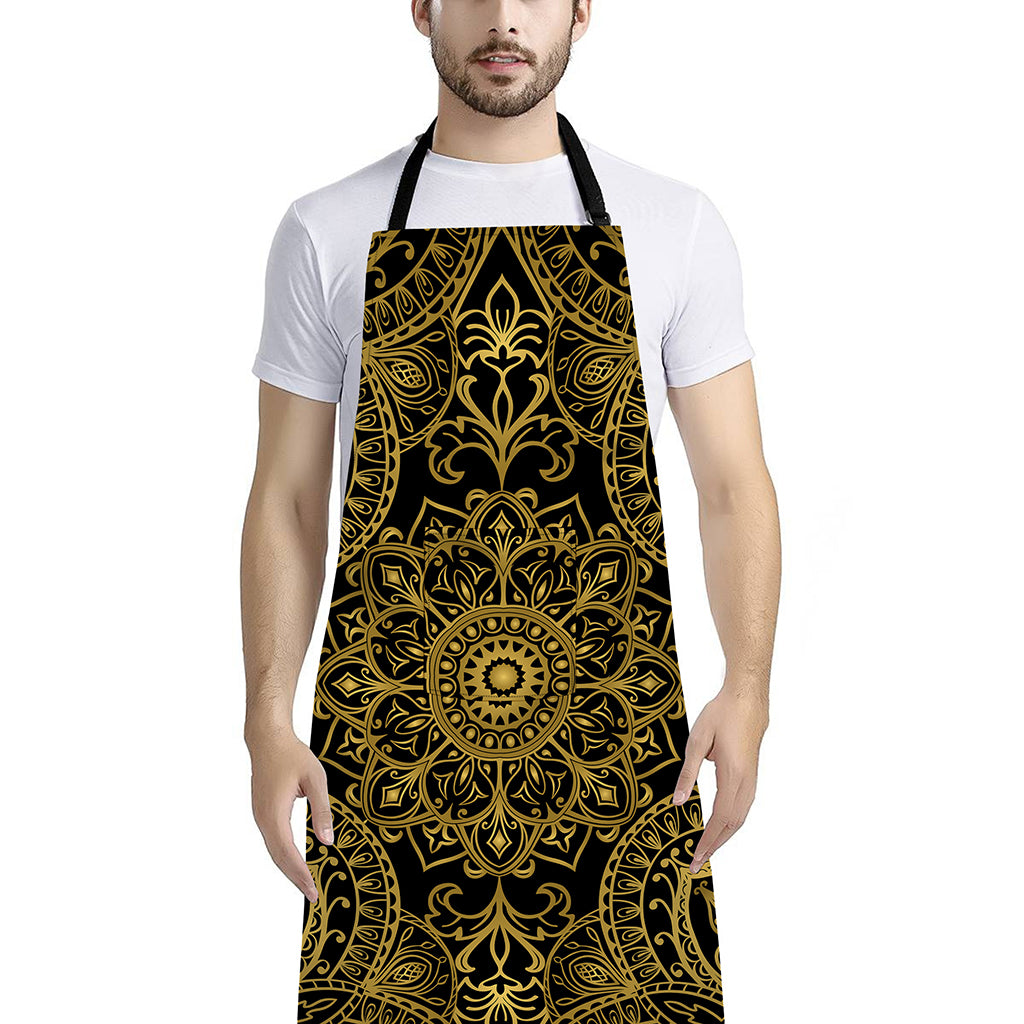 Gold And Black Mandala Print Bib Apron With Pocket