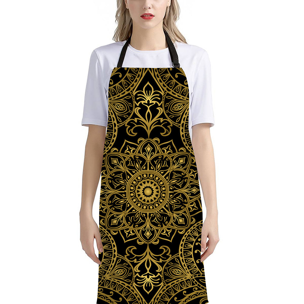 Gold And Black Mandala Print Bib Apron With Pocket