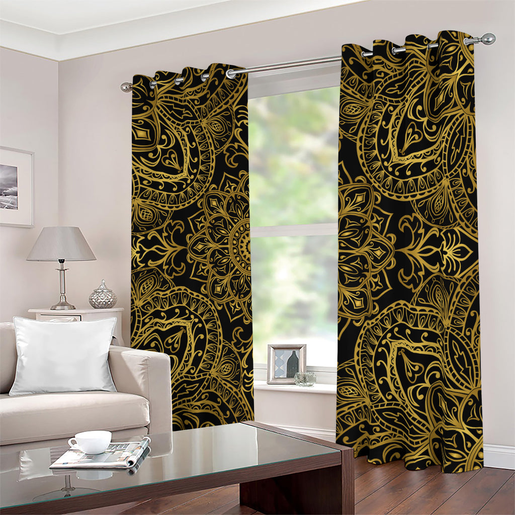 Gold And Black Mandala Print Blackout Grommet Curtains