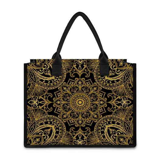 Gold And Black Mandala Print Canvas Tote Bag