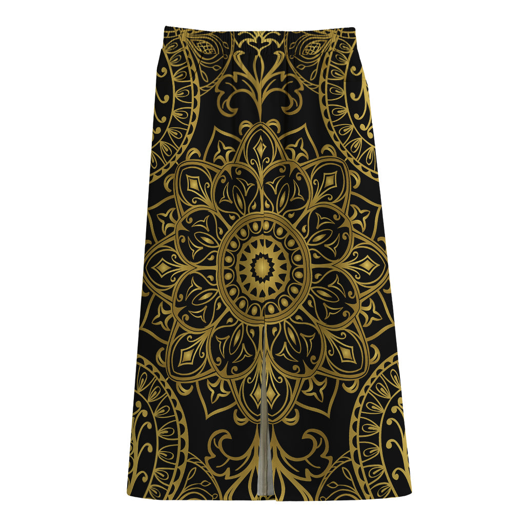 Gold And Black Mandala Print Cotton Front Slit Maxi Skirt