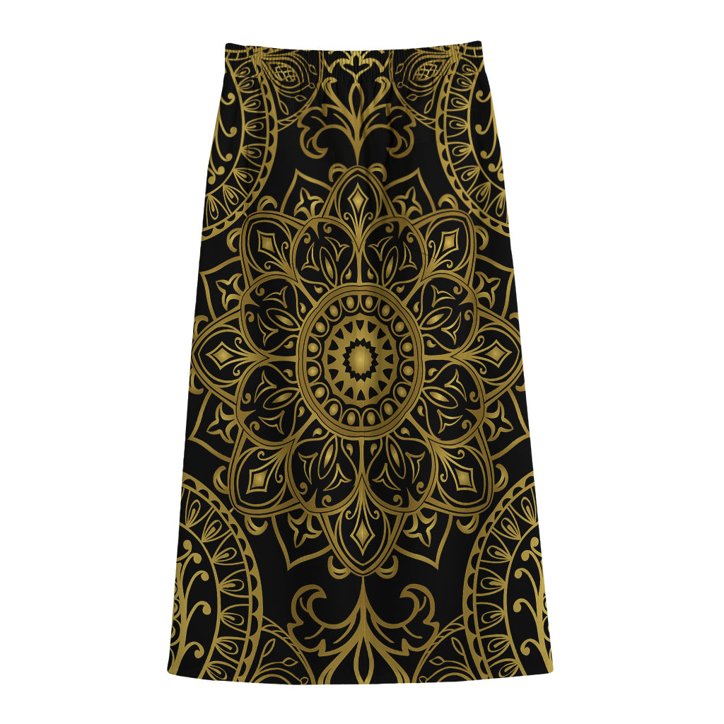 Gold And Black Mandala Print Cotton Front Slit Maxi Skirt