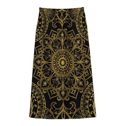 Gold And Black Mandala Print Cotton Front Slit Maxi Skirt