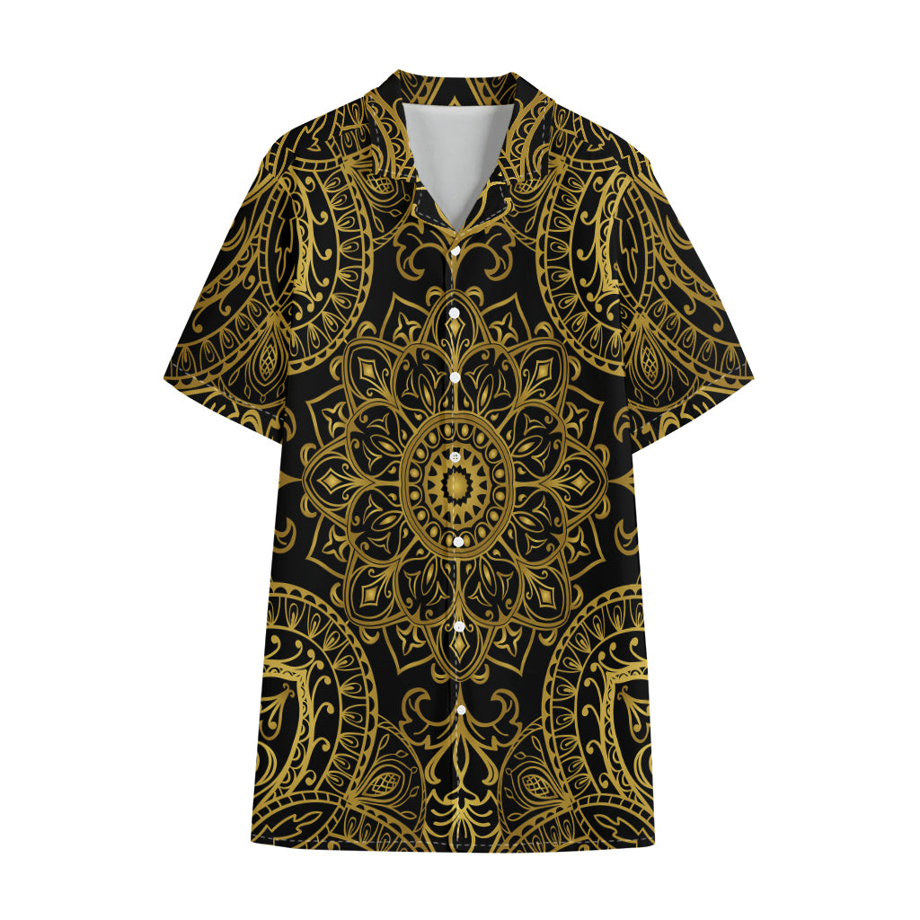 Gold And Black Mandala Print Cotton Hawaiian Shirt