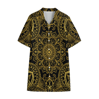 Gold And Black Mandala Print Cotton Hawaiian Shirt