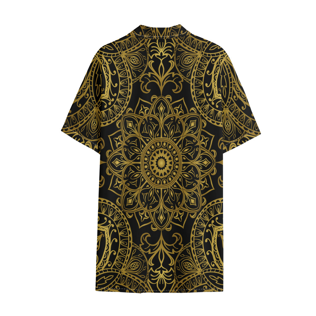 Gold And Black Mandala Print Cotton Hawaiian Shirt