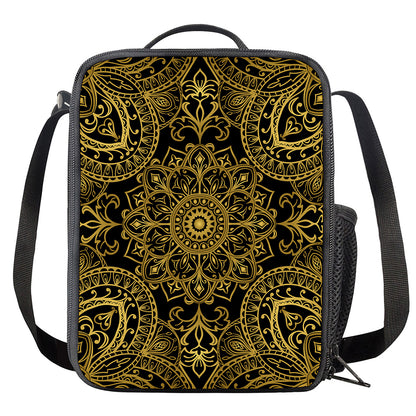 Gold And Black Mandala Print Crossbody Lunch Bag