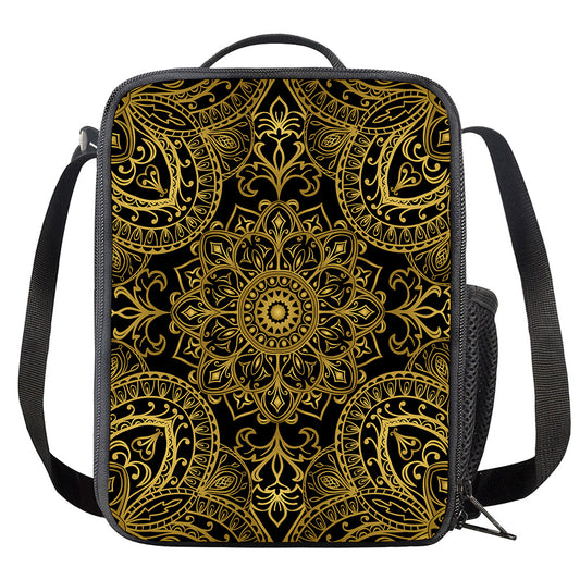 Gold And Black Mandala Print Crossbody Lunch Bag