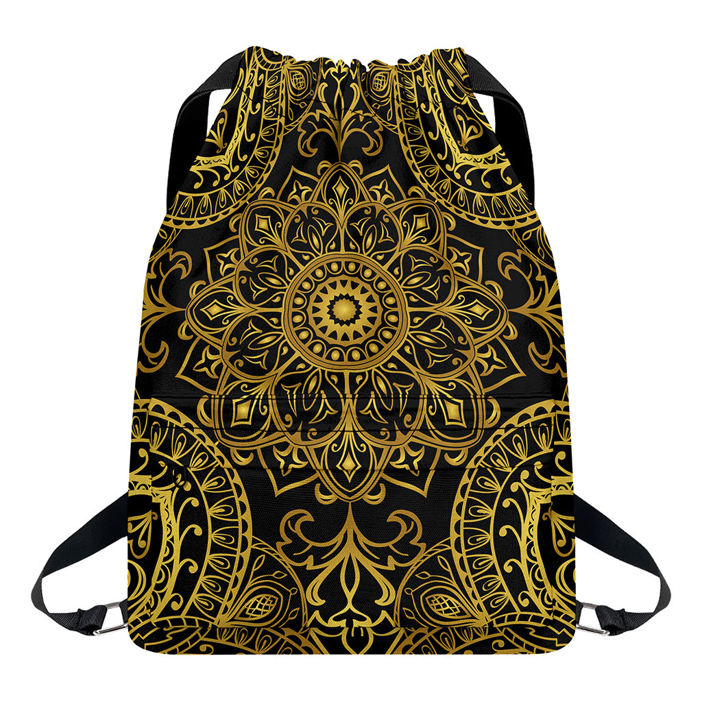 Gold And Black Mandala Print Drawstring Backpack