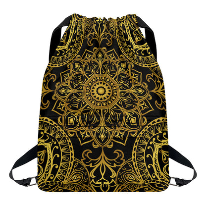 Gold And Black Mandala Print Drawstring Backpack