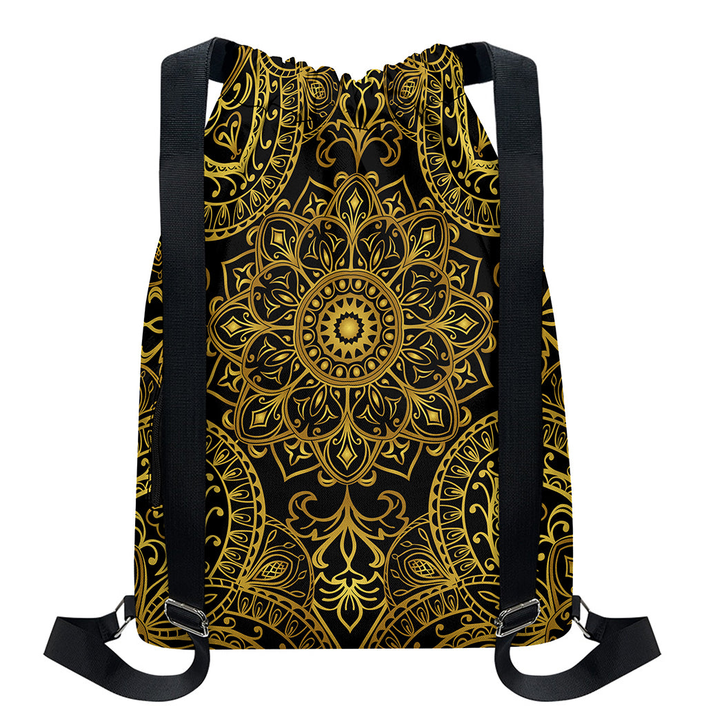 Gold And Black Mandala Print Drawstring Backpack