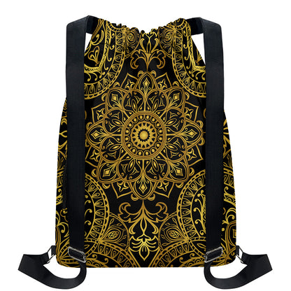 Gold And Black Mandala Print Drawstring Backpack