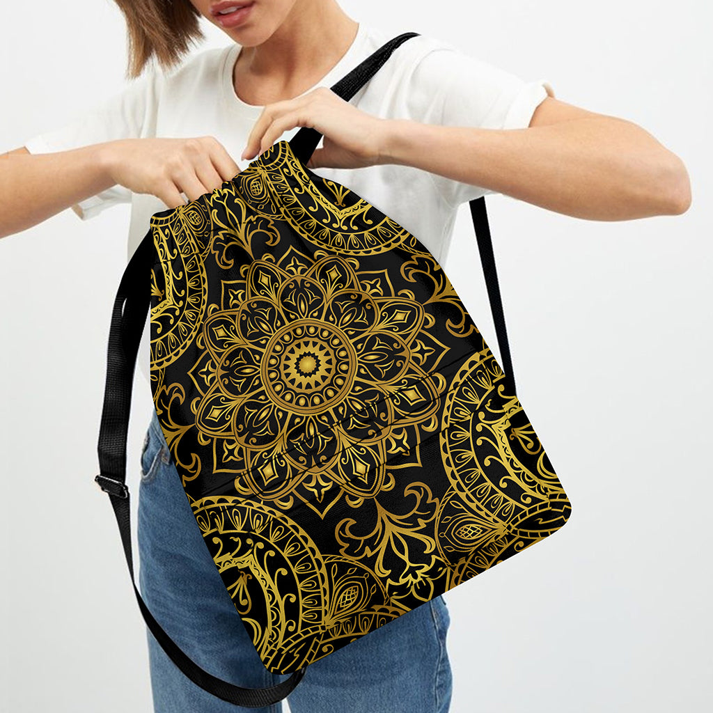 Gold And Black Mandala Print Drawstring Backpack