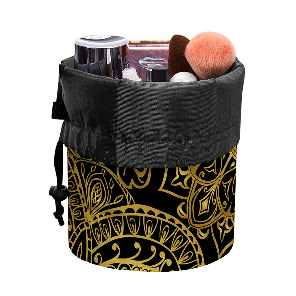Gold And Black Mandala Print Drawstring Makeup Bag