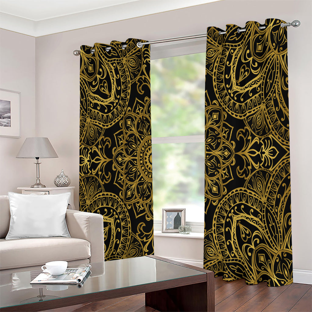 Gold And Black Mandala Print Extra Wide Grommet Curtains
