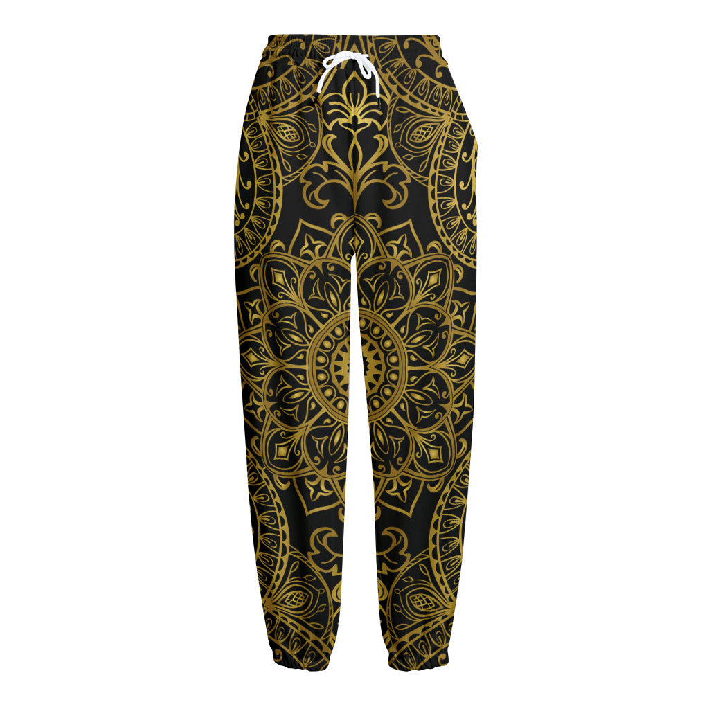 Gold And Black Mandala Print Fleece Lined Knit Pants