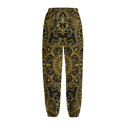 Gold And Black Mandala Print Fleece Lined Knit Pants